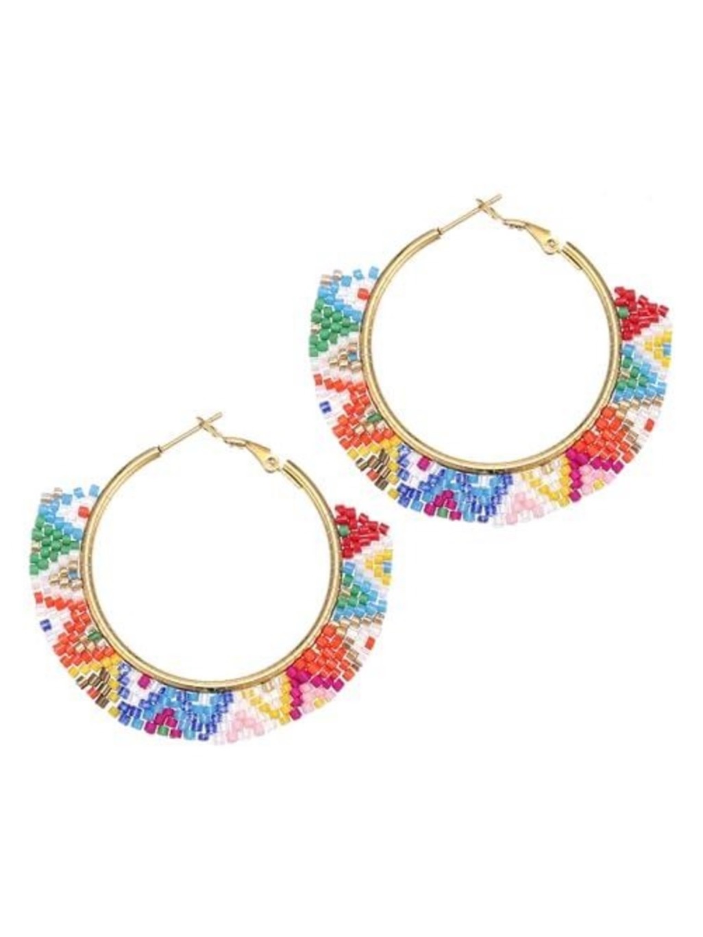 Boho Multi Color Seed Bead Gold Hoop Earrings Geometric Fringe Statement Jewelry